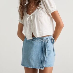 Lulus Joanie Light Wash Denim Faux-wrap Braided Skort Blue - Size M